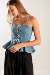Lace-Up Denim Peplum Top