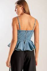 Lace-Up Denim Peplum Top