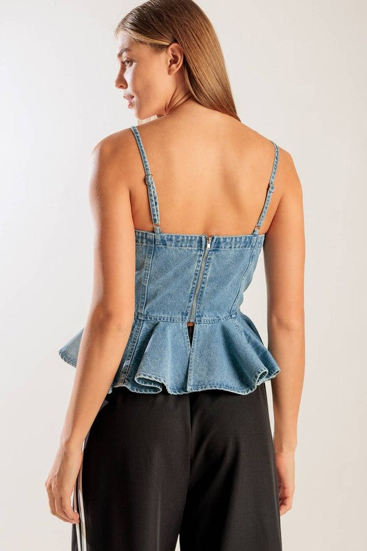 Lace-Up Denim Peplum Top