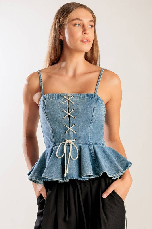 Lace-Up Denim Peplum Top