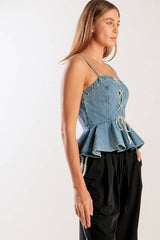 Lace-Up Denim Peplum Top