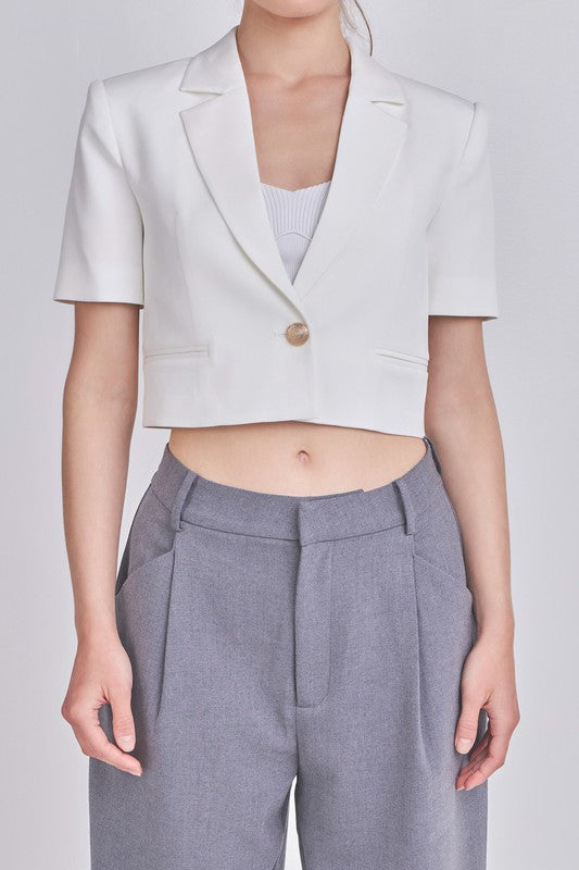 Cropped Short Sleeve Blazer (Black, Ivory) –