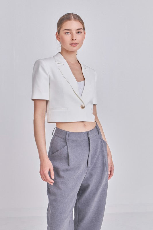 Cropped Short Sleeve Blazer (Black, Ivory)