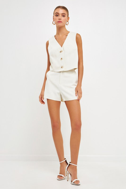 High Waisted Suit Shorts (Cream, Ocean Blue)