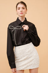 Bling Bow Embellished Button-Up Shirt