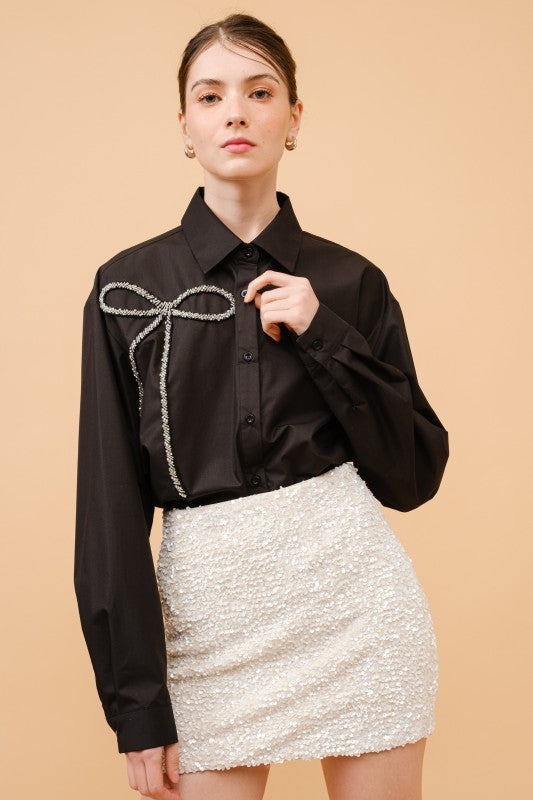 Bling Bow Embellished Button-Up Shirt