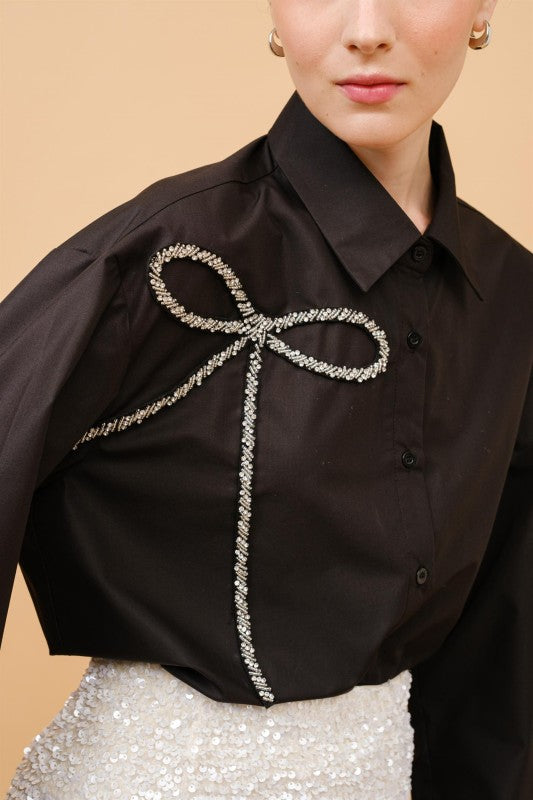 Bling Bow Embellished Button-Up Shirt