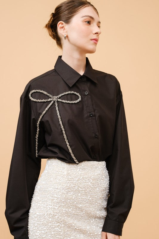 Bling Bow Embellished Button-Up Shirt