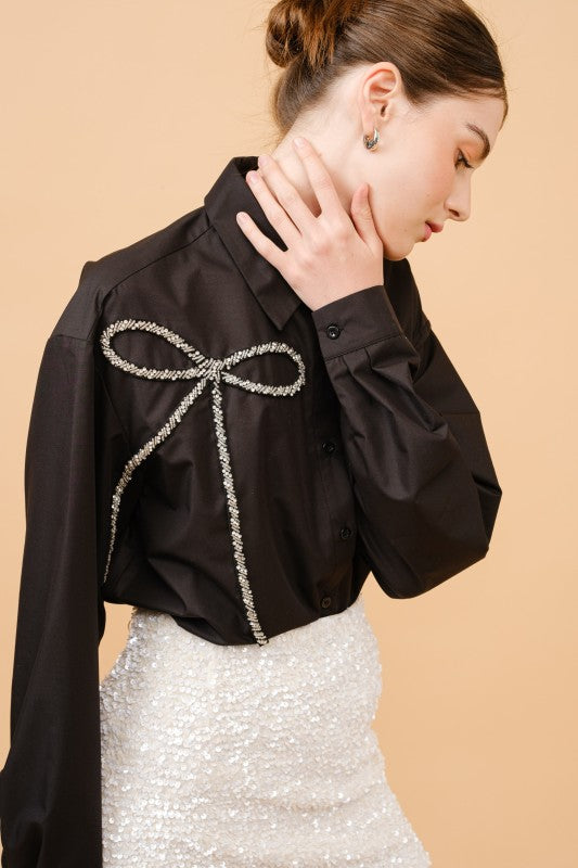 Bling Bow Embellished Button-Up Shirt