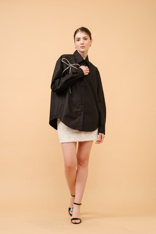Bling Bow Embellished Button-Up Shirt