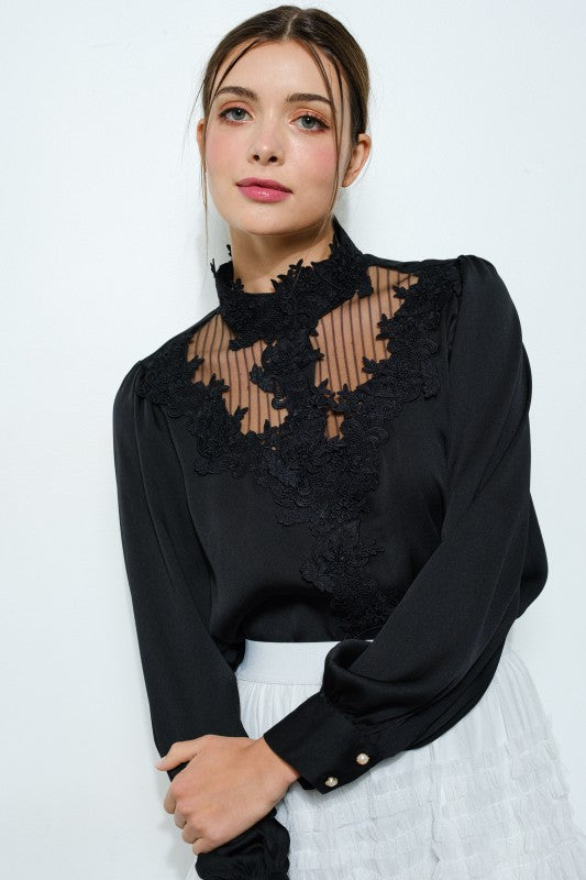 Black Sheer Lace Detail Blouse