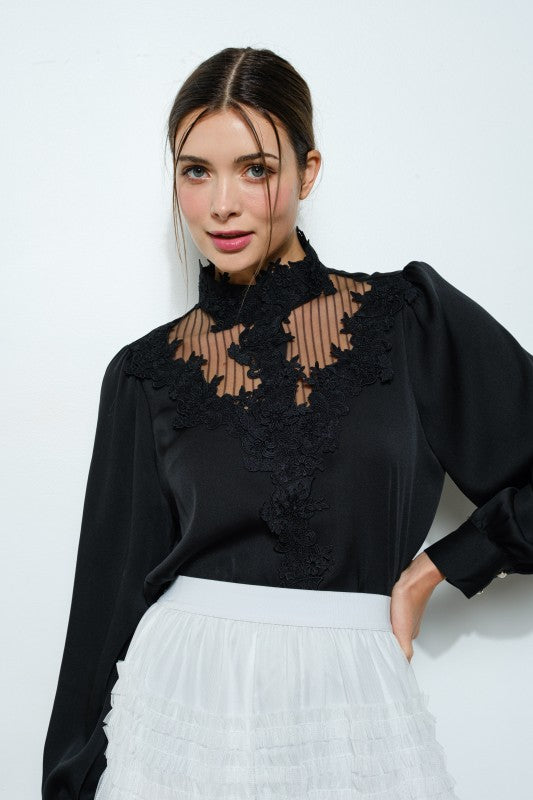Black Sheer Lace Detail Blouse