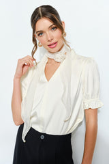 Rosette Scarf Satin Puff Sleeve Blouse