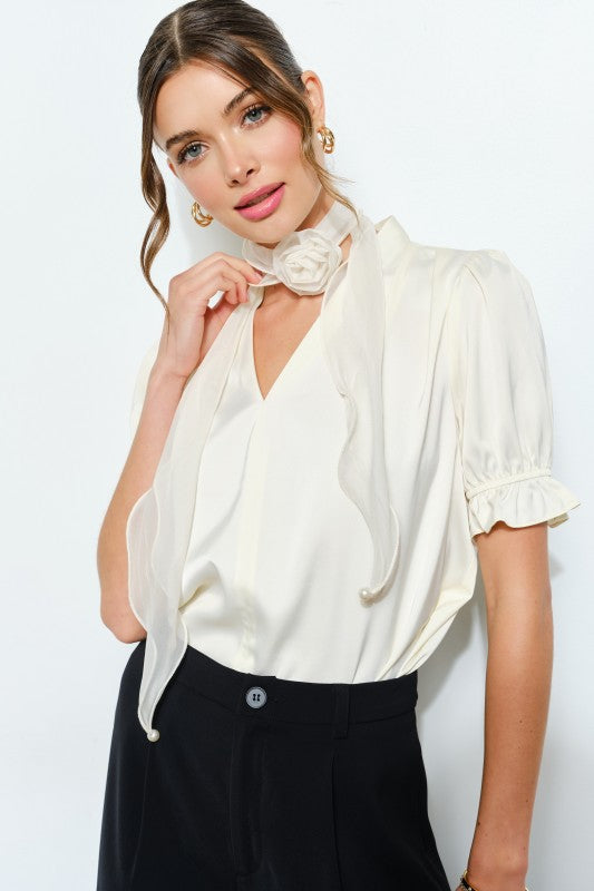 Rosette Scarf Satin Puff Sleeve Blouse