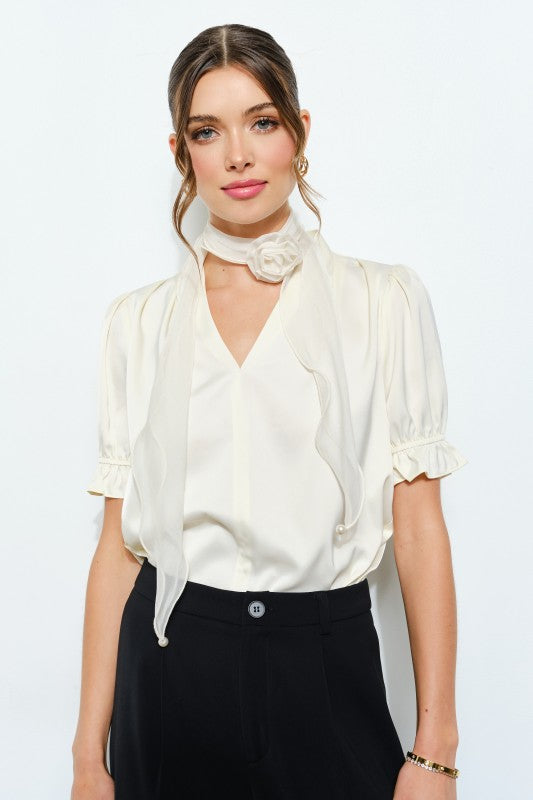 Rosette Scarf Satin Puff Sleeve Blouse