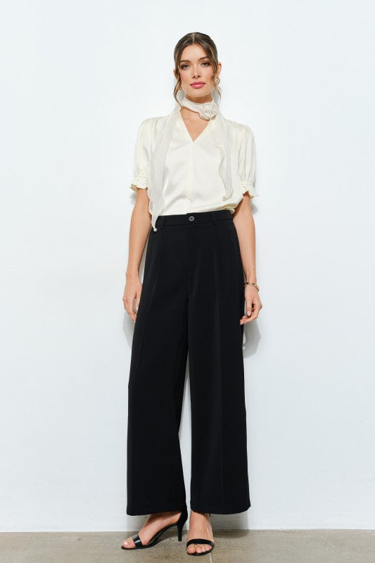 Rosette Scarf Satin Puff Sleeve Blouse