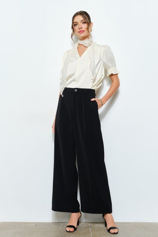 Rosette Scarf Satin Puff Sleeve Blouse