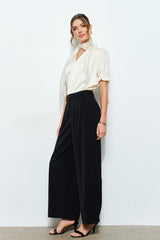 Rosette Scarf Satin Puff Sleeve Blouse