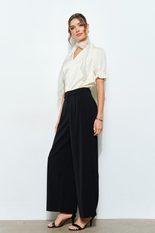 Rosette Scarf Satin Puff Sleeve Blouse