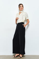 Rosette Scarf Satin Puff Sleeve Blouse