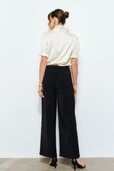 Rosette Scarf Satin Puff Sleeve Blouse