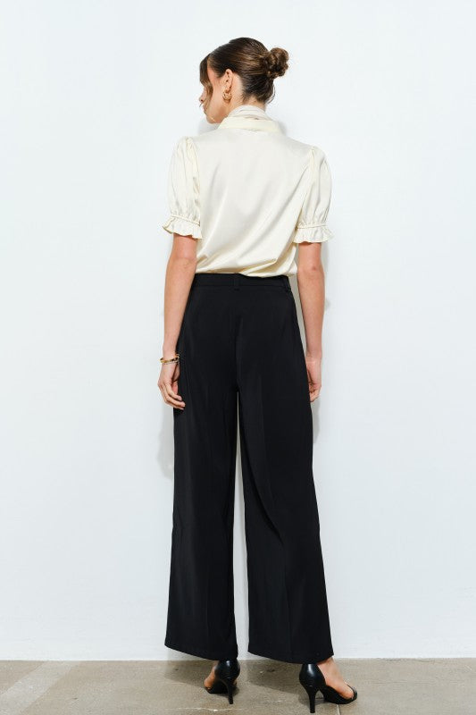 Rosette Scarf Satin Puff Sleeve Blouse