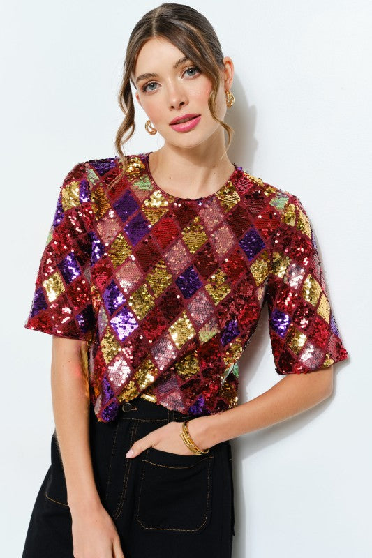 Multicolor Diamond Pattern Sequin Top