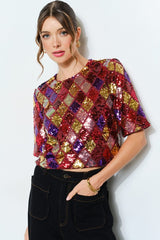 Multicolor Diamond Pattern Sequin Top