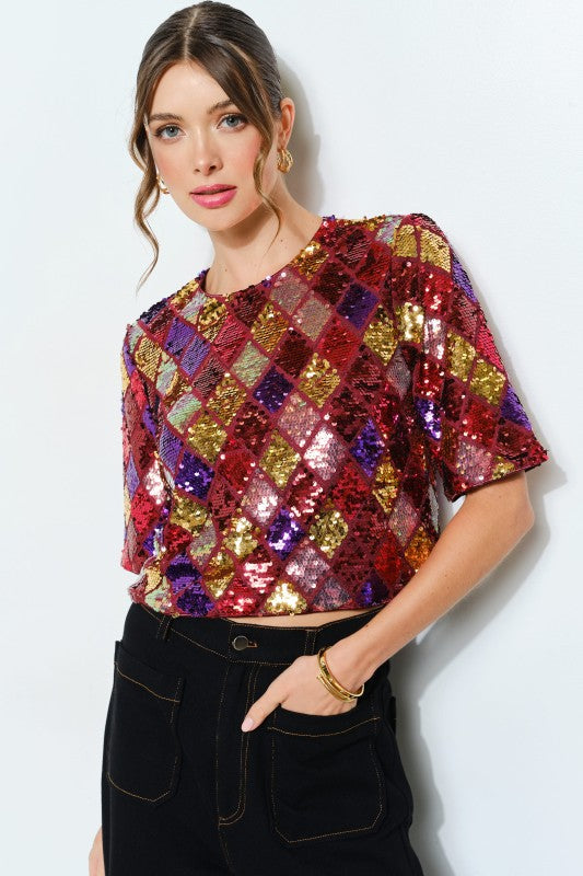 Multicolor Diamond Pattern Sequin Top