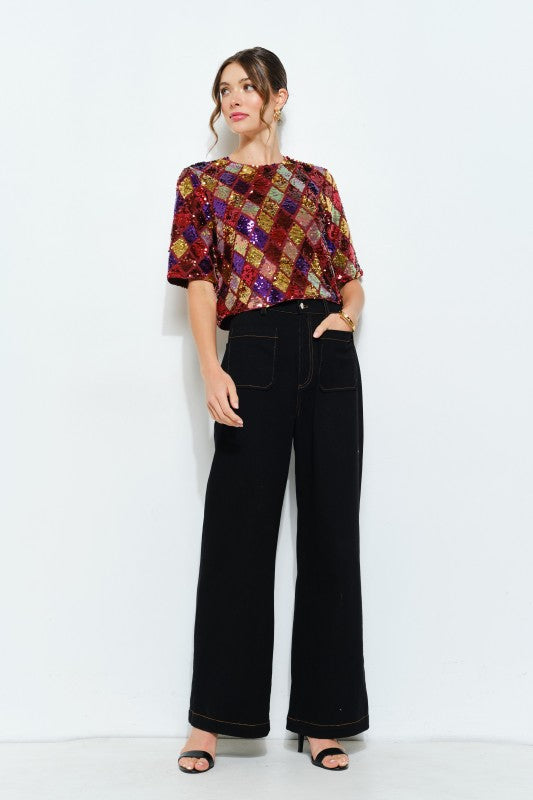 Multicolor Diamond Pattern Sequin Top