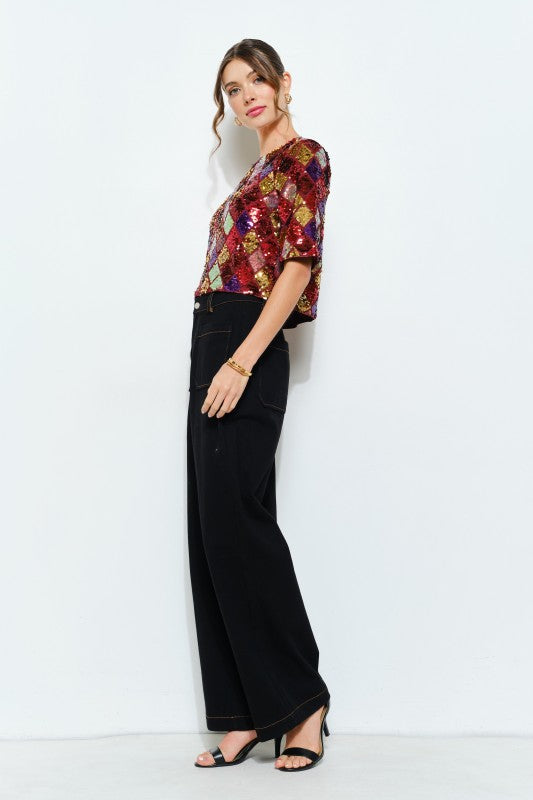 Multicolor Diamond Pattern Sequin Top