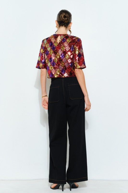 Multicolor Diamond Pattern Sequin Top