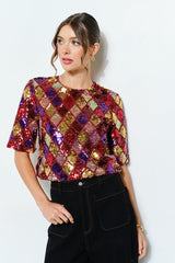 Multicolor Diamond Pattern Sequin Top