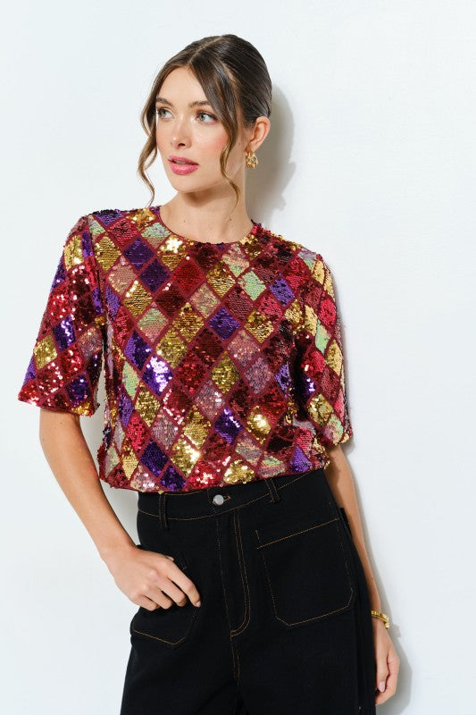 Multicolor Diamond Pattern Sequin Top