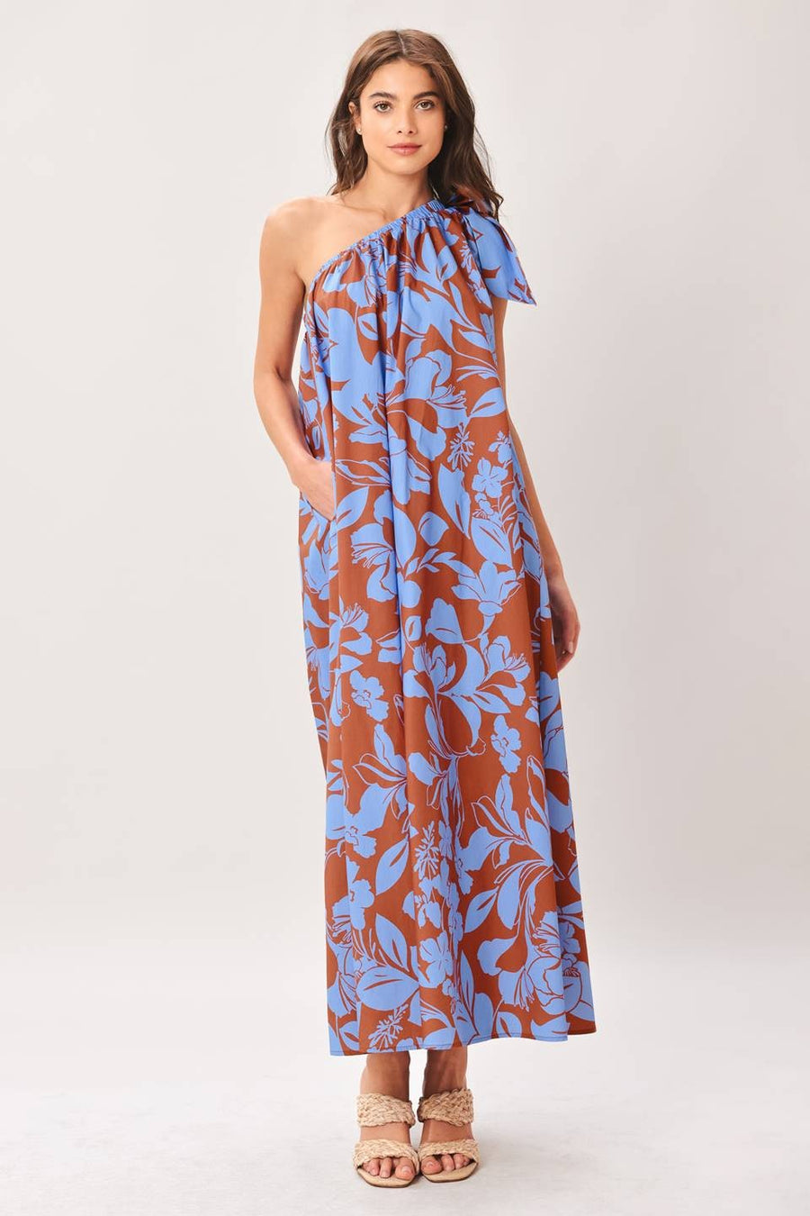 santorini one shoulder floral midi dress Astr Santorini One Shoulder Asymmetrical Midi Dress In Green Lilac Multi Floral