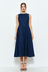 Beaded Neckline Denim Midi Dress