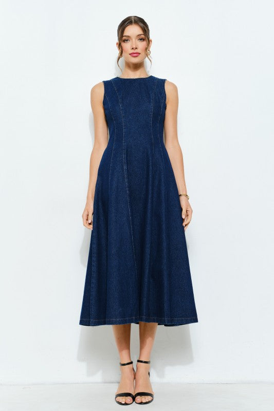 Beaded Neckline Denim Midi Dress