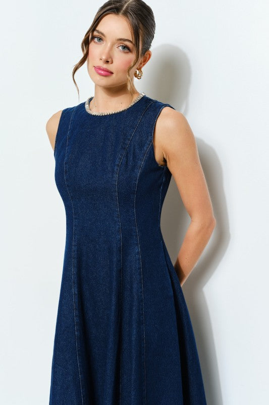 Beaded Neckline Denim Midi Dress