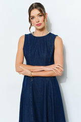 Beaded Neckline Denim Midi Dress