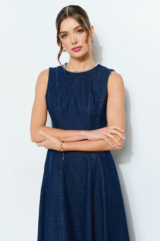 Beaded Neckline Denim Midi Dress