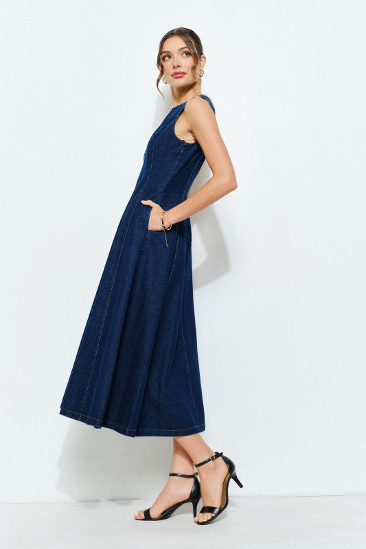 Beaded Neckline Denim Midi Dress Medium Beaded Neckline Denim Midi Dress Medium