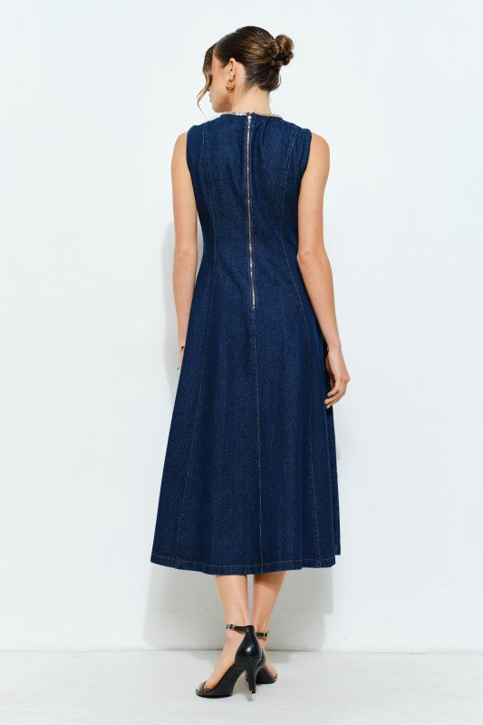Beaded Neckline Denim Midi Dress