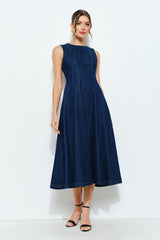 Beaded Neckline Denim Midi Dress