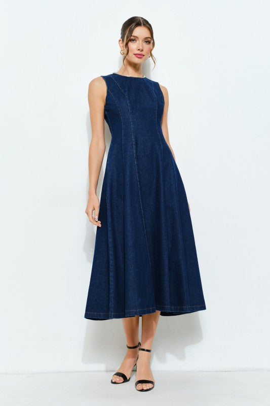 Beaded Neckline Denim Midi Dress