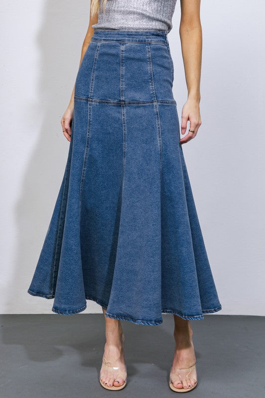 Washed Denim Midi Skirt