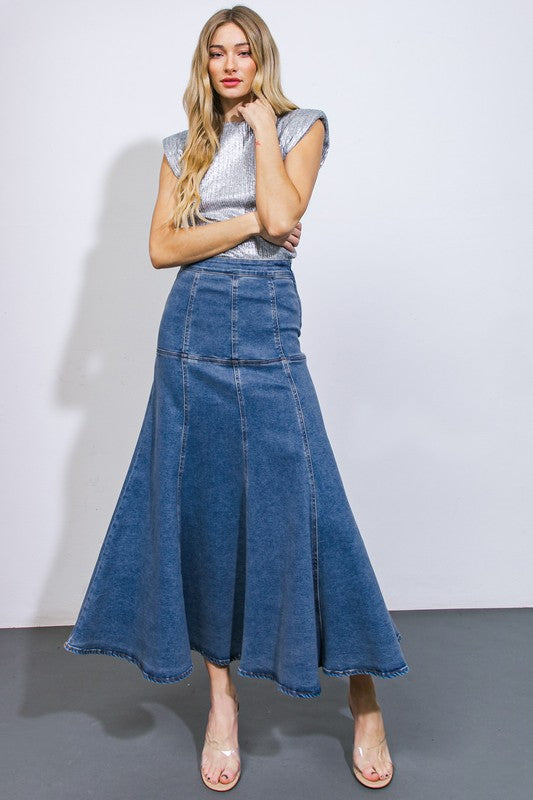 Washed Denim Midi Skirt