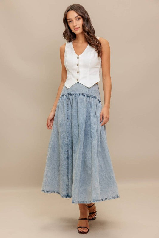 Light Wash Denim Midi Skirt