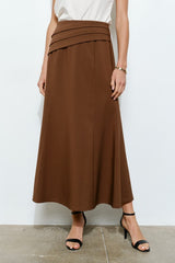 Pleated Waistband Brown Midi Skirt
