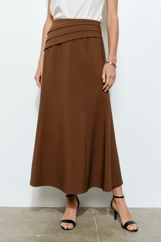 Pleated Waistband Brown Midi Skirt