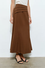 Pleated Waistband Brown Midi Skirt
